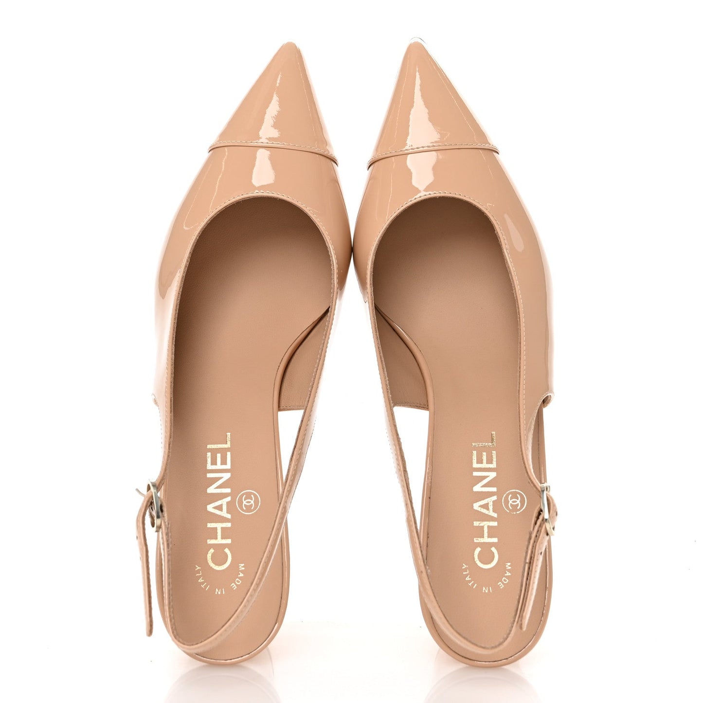 Chanel Patent Calfskin Cap Toe CC Slingback Pumps 38 Beige