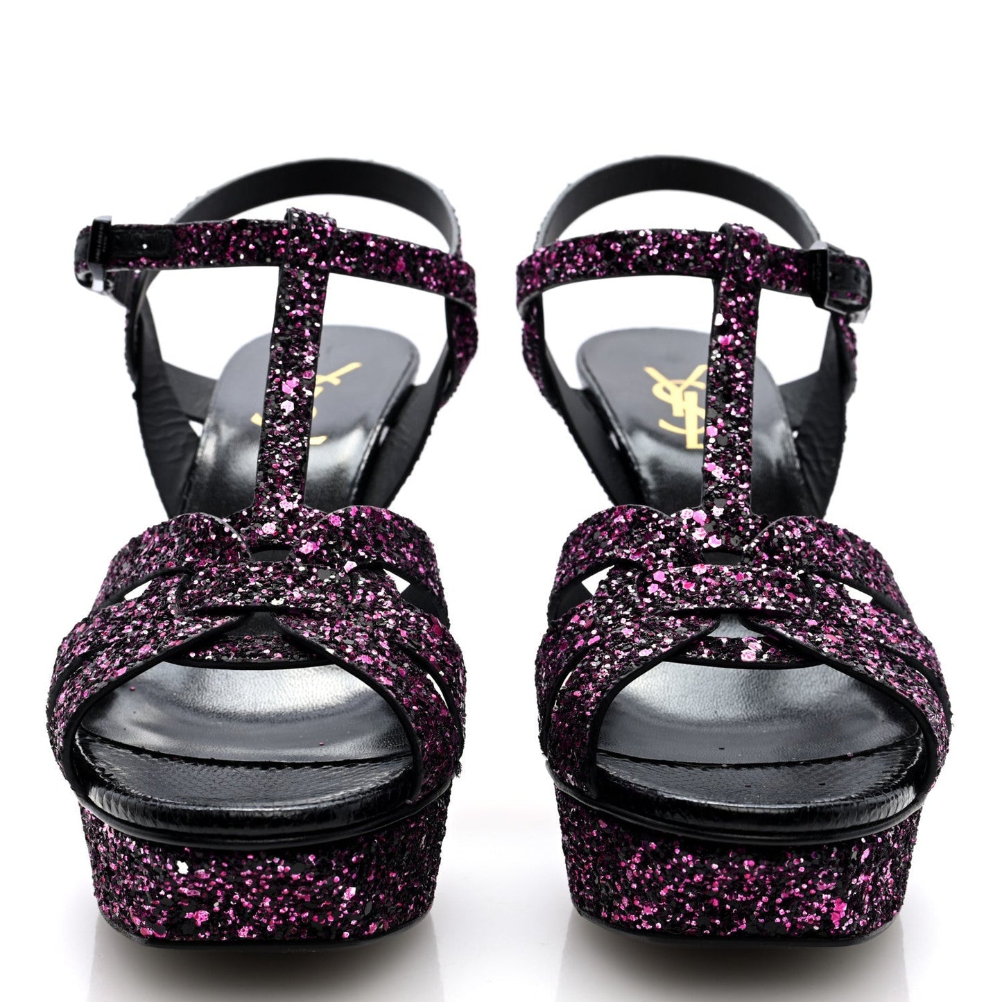 Saint Laurent Glitter Calfskin Ayers Tribute 75 Platform Sandals 38 Black Fuchsia