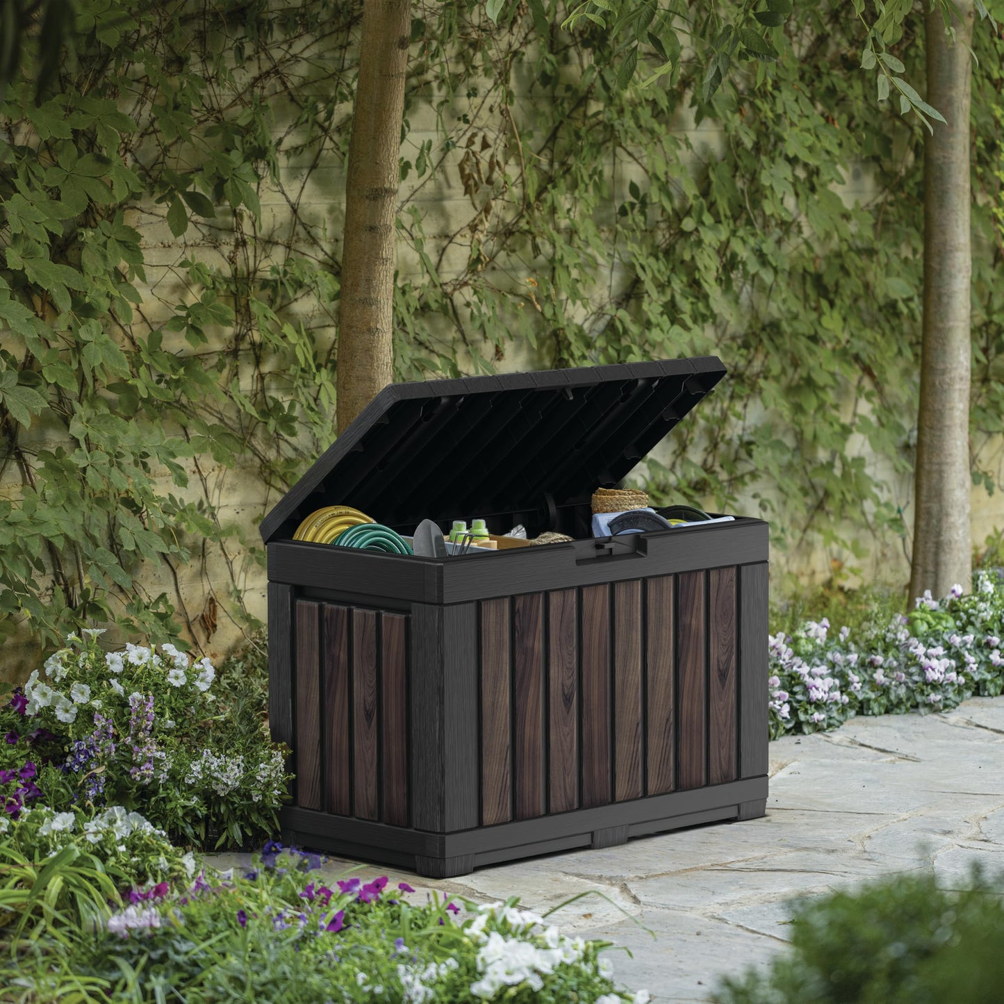Keter Signature 190L Kentwood Outdoor Garden Storage Box - Rosewood | Compact, Weather‑Resistant Storage with Lockable Lid & Multi‑Functional Design
