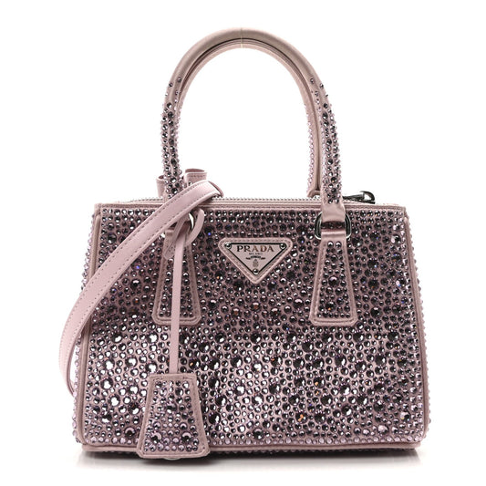 Prada Satin Crystal Mini Galleria Double Zip Tote Alabastro