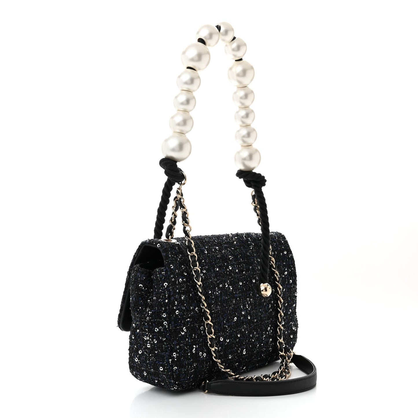 Chanel Tweed Medium Pearl Handle Flap Black Ecru