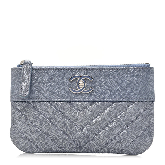 Chanel Caviar Chevron Quilted Small Vintage Mademoiselle Cosmetic Case Blue