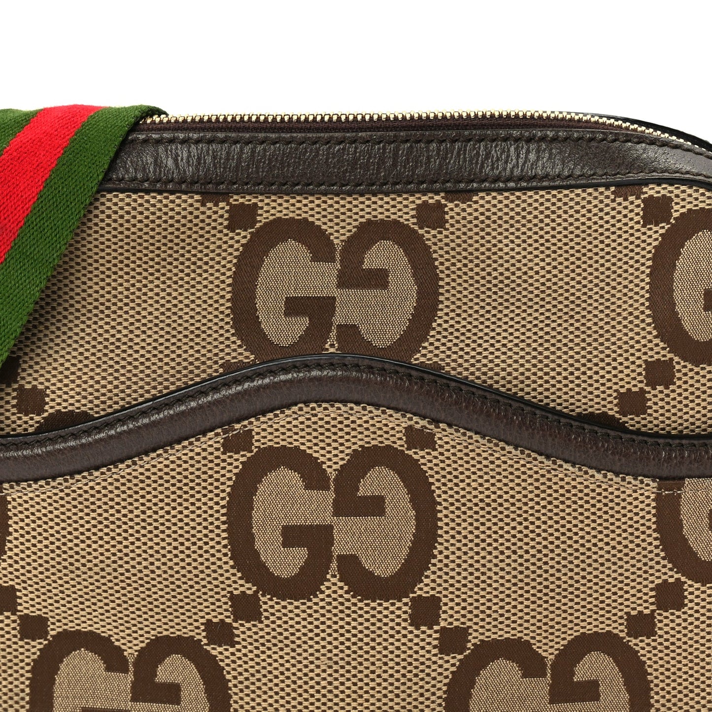 Gucci Monogram Jumbo GG Textured Dollar Calfskin Web Messenger Shoulder Bag Camel Ebony New Acero