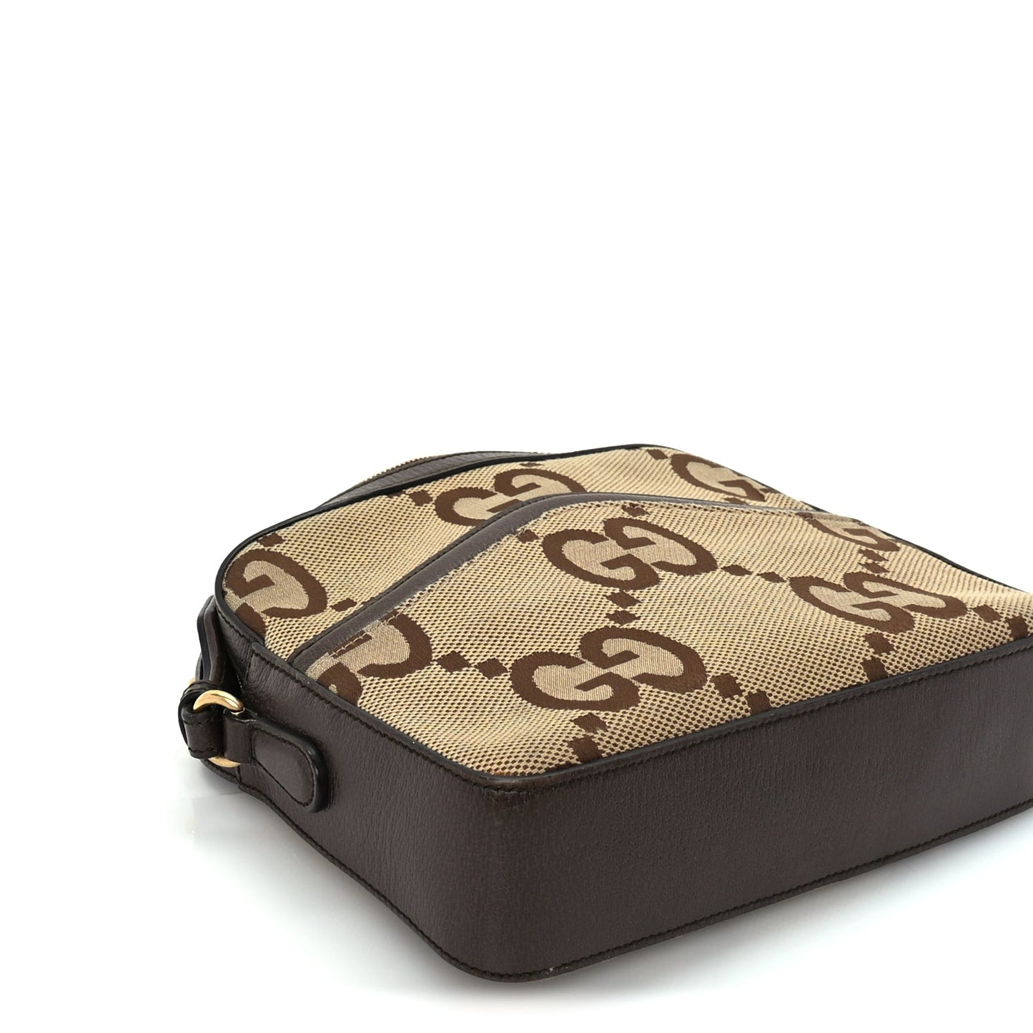 Gucci Monogram Jumbo GG Textured Dollar Calfskin Web Messenger Shoulder Bag Camel Ebony New Acero
