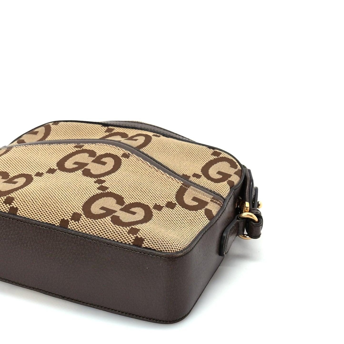 Gucci Monogram Jumbo GG Textured Dollar Calfskin Web Messenger Shoulder Bag Camel Ebony New Acero