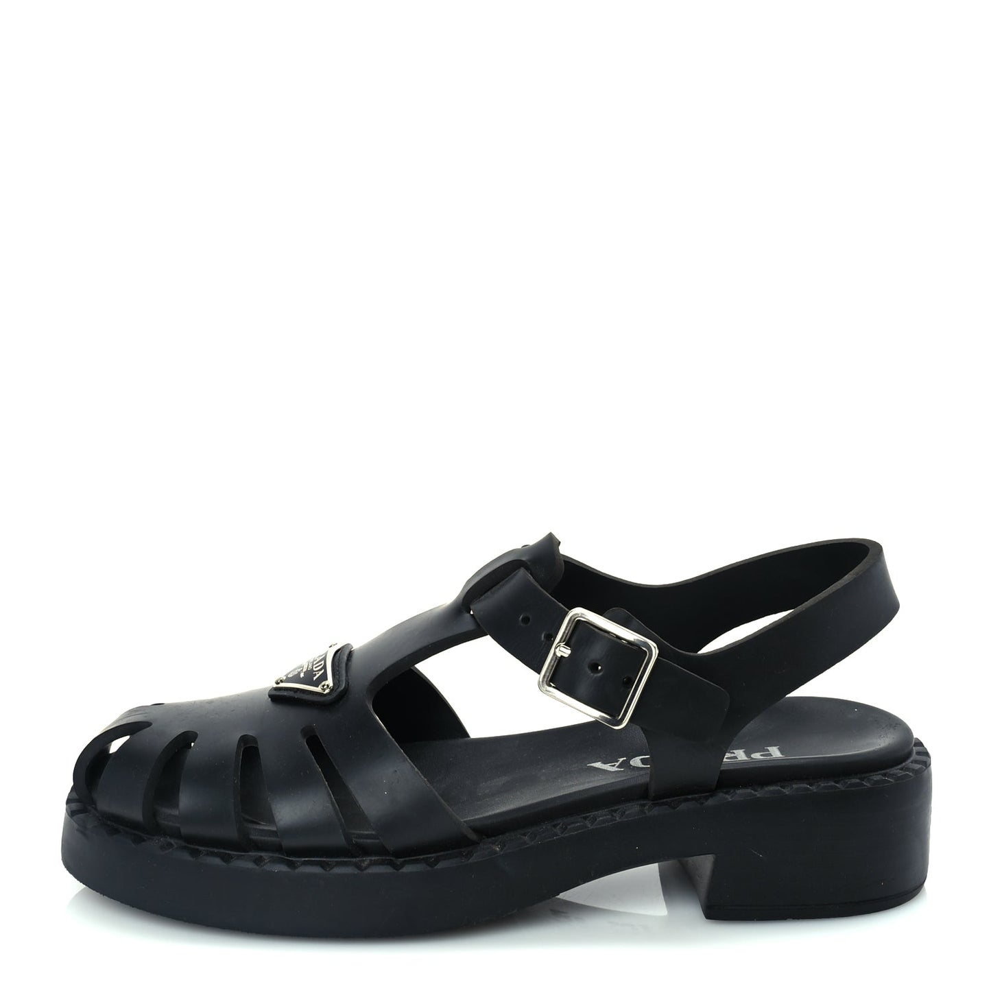 Prada Foam Rubber Metal Triangle Logo 50mm Cage Sandals 38  Black