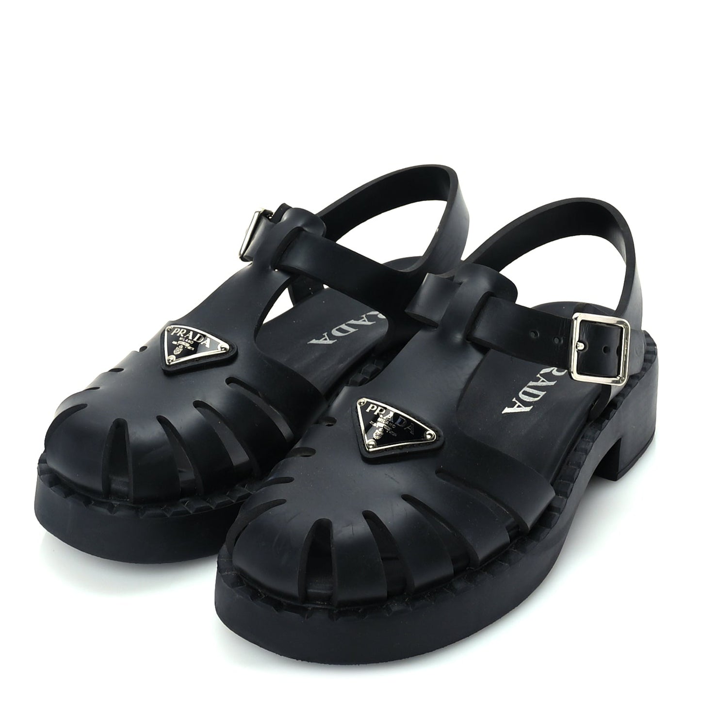Prada Foam Rubber Metal Triangle Logo 50mm Cage Sandals 38  Black
