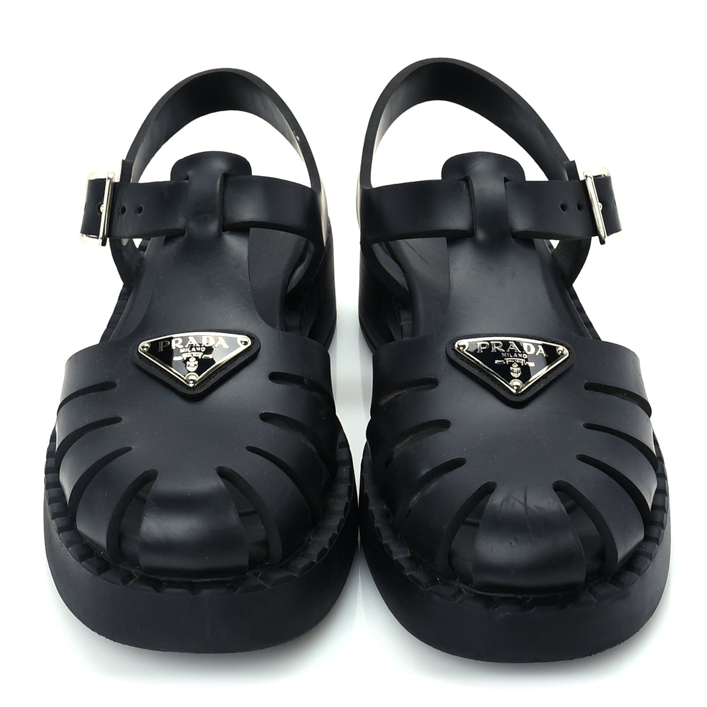 Prada Foam Rubber Metal Triangle Logo 50mm Cage Sandals 38  Black