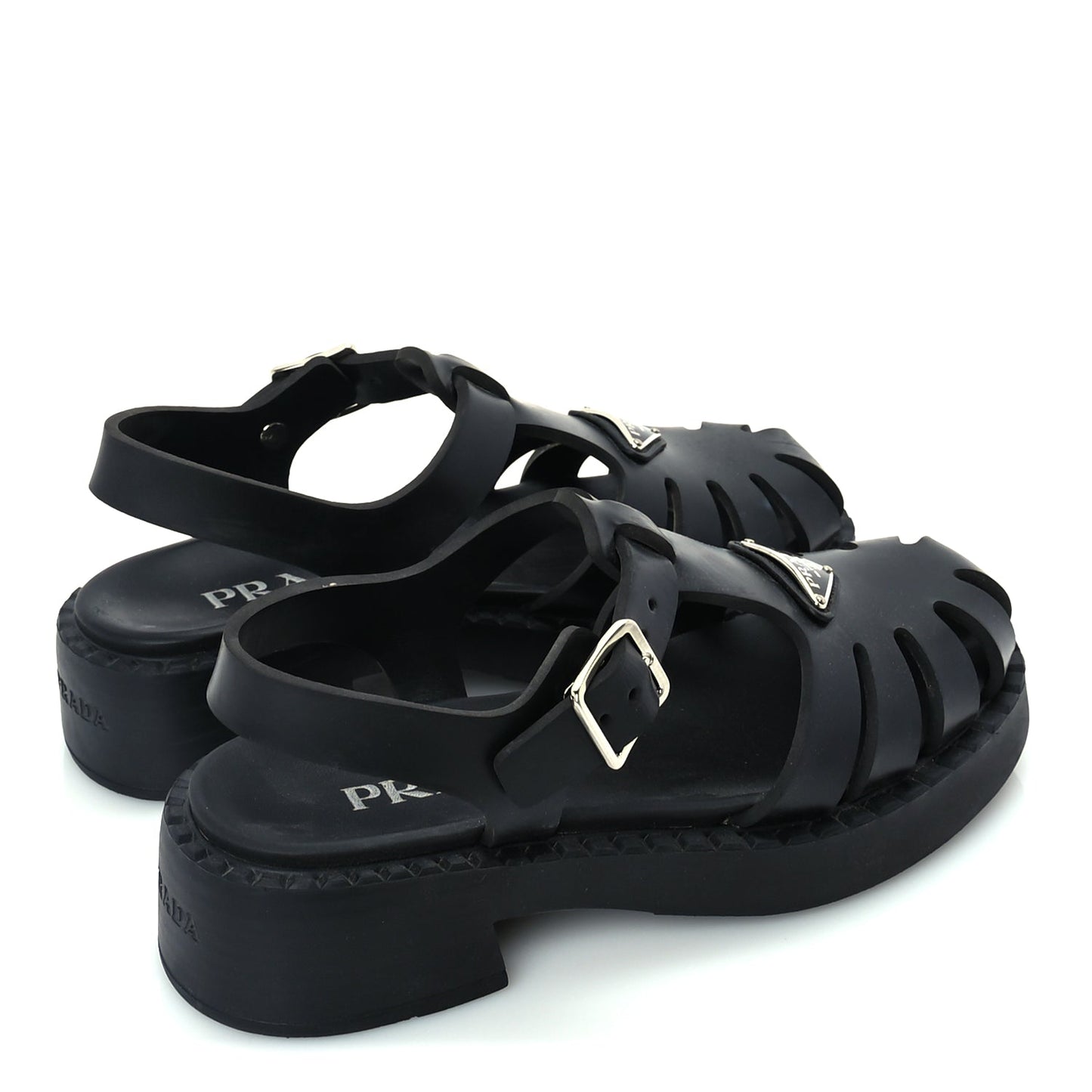 Prada Foam Rubber Metal Triangle Logo 50mm Cage Sandals 38  Black