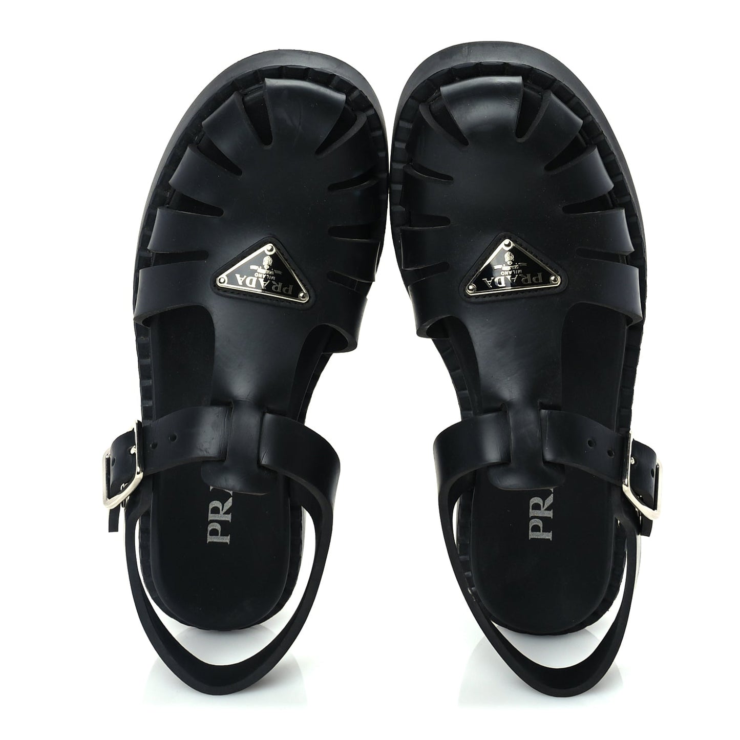 Prada Foam Rubber Metal Triangle Logo 50mm Cage Sandals 38  Black