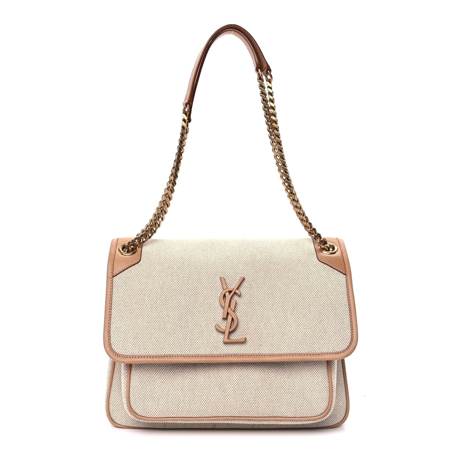 Saint Laurent Cotton Canvas Vintage Calfskin Monogram Medium Niki Chain Satchel  Cream Tan