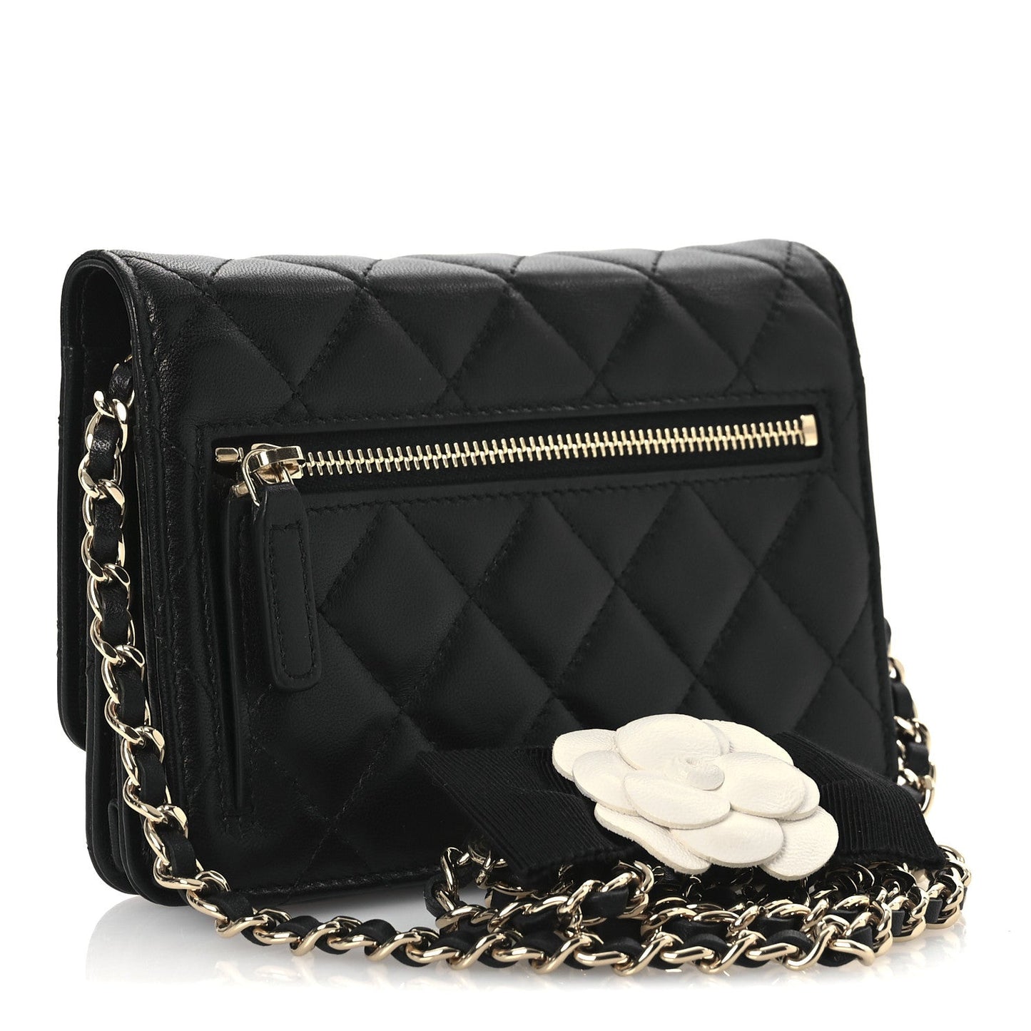 Chanel Lambskin Quilted Mini Camellia Bow Wallet On Chain WOC Black