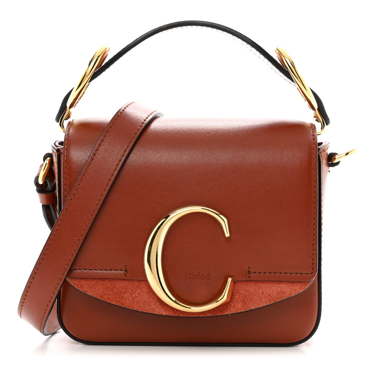 Chloe Shiny Calfskin Suede Mini C Bag Sepia Brown