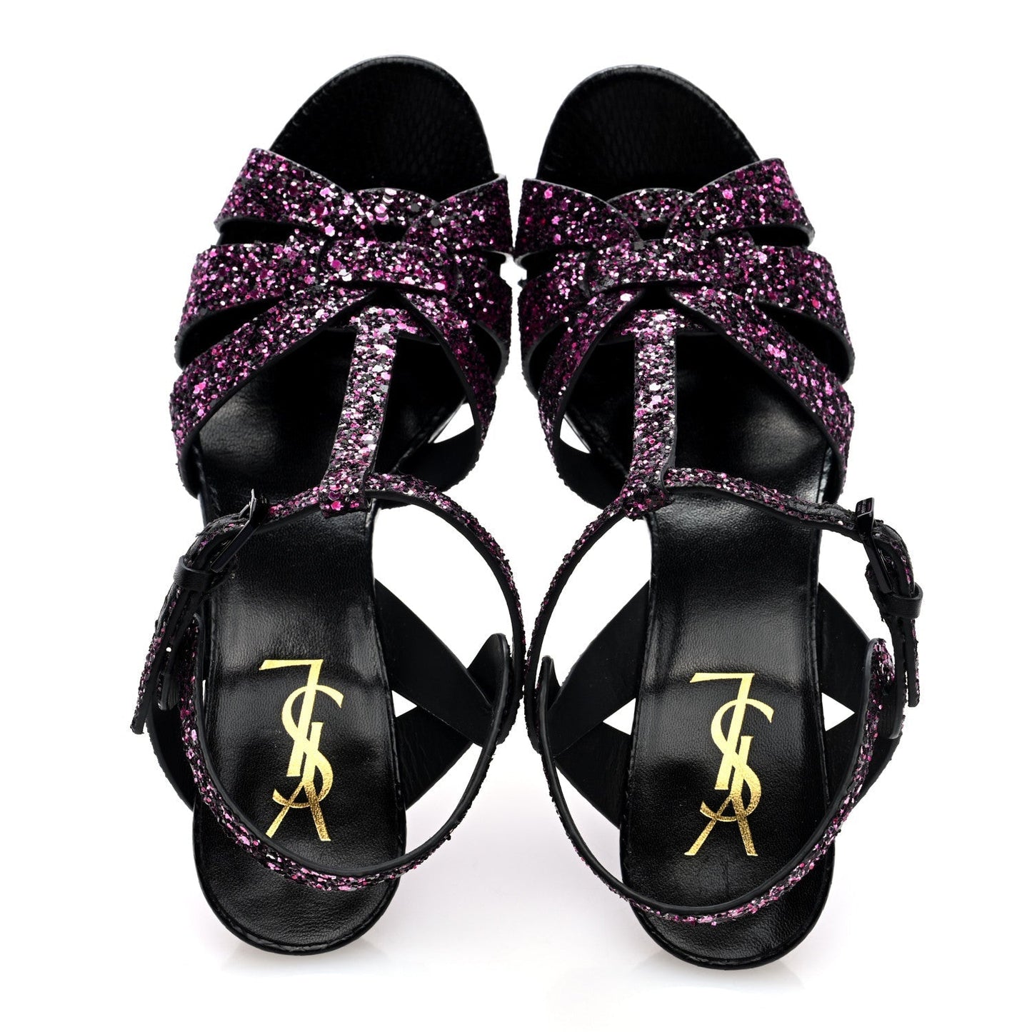 Saint Laurent Glitter Calfskin Ayers Tribute 75 Platform Sandals 38 Black Fuchsia