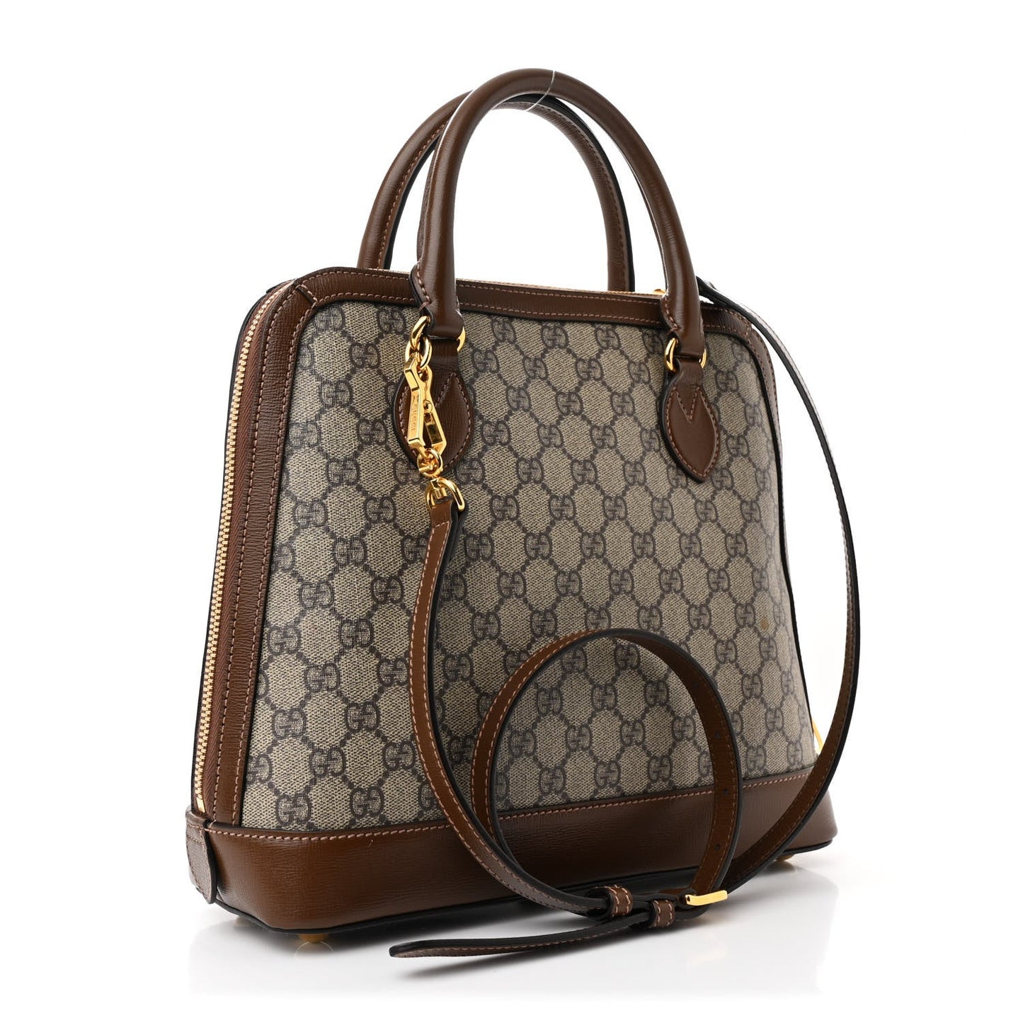 Gucci GG Supreme Monogram Azalea Calfskin Boutique Horsebit 1955 Top Handle Bag Beige Ebony Brown Sugar