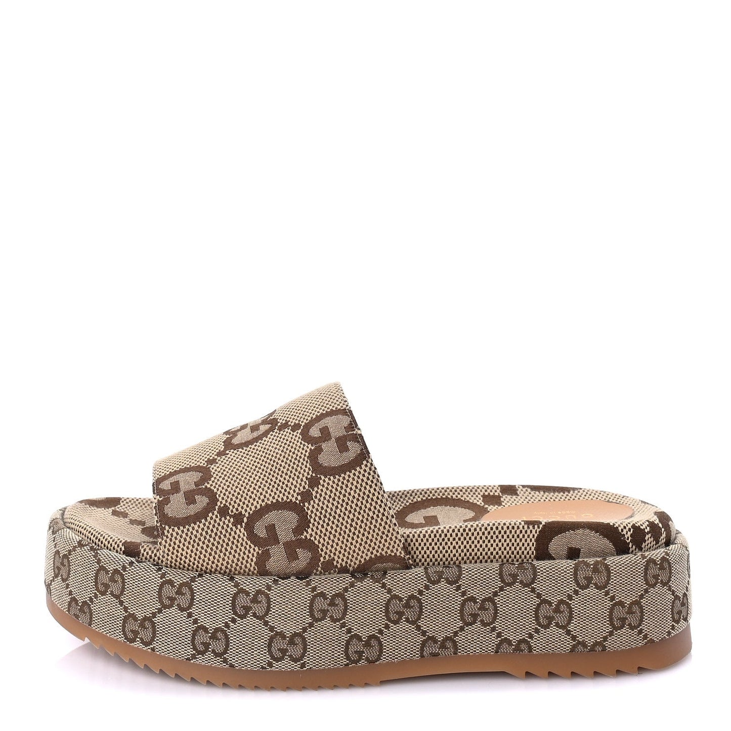 Gucci Monogram Maxi GG Angelina Platform 55mm Slide Sandals 39  Camel Ebony