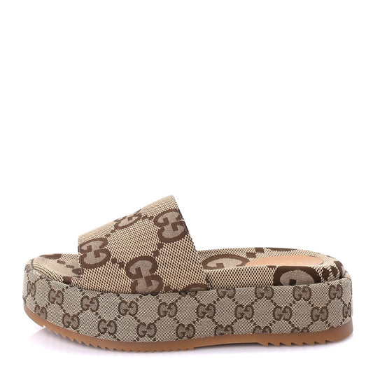 Gucci Monogram Maxi GG Angelina Platform 55mm Slide Sandals 39  Camel Ebony