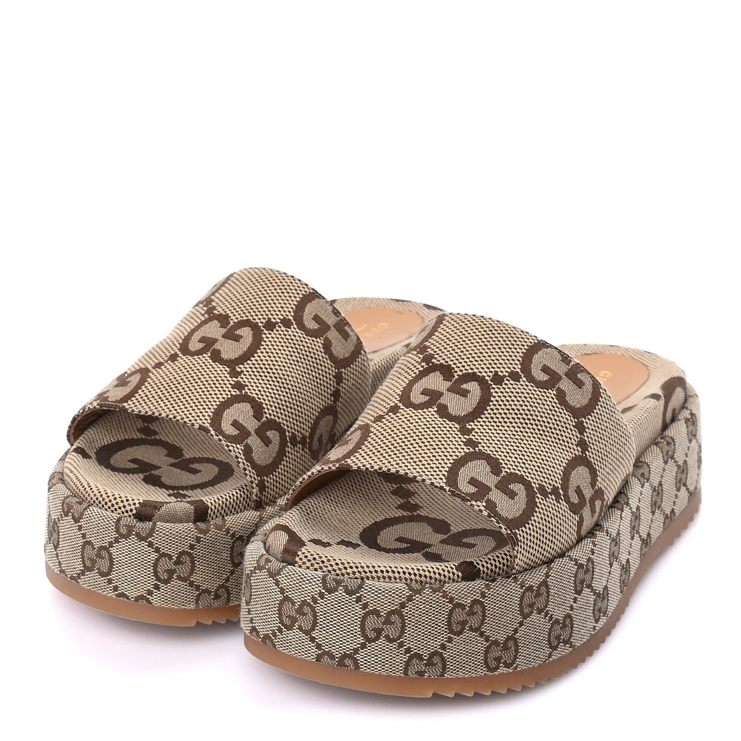 Gucci Monogram Maxi GG Angelina Platform 55mm Slide Sandals 39  Camel Ebony
