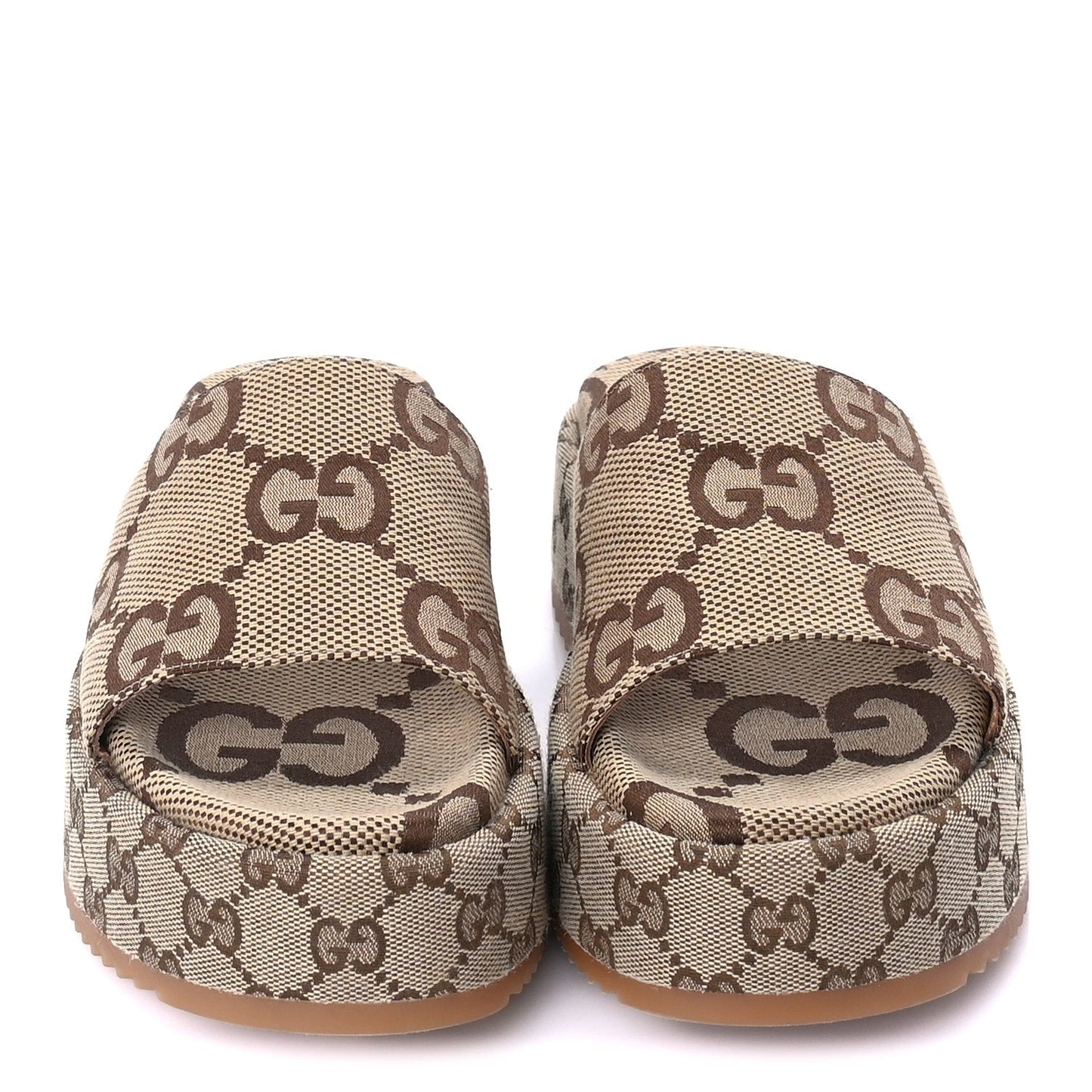 Gucci Monogram Maxi GG Angelina Platform 55mm Slide Sandals 39  Camel Ebony
