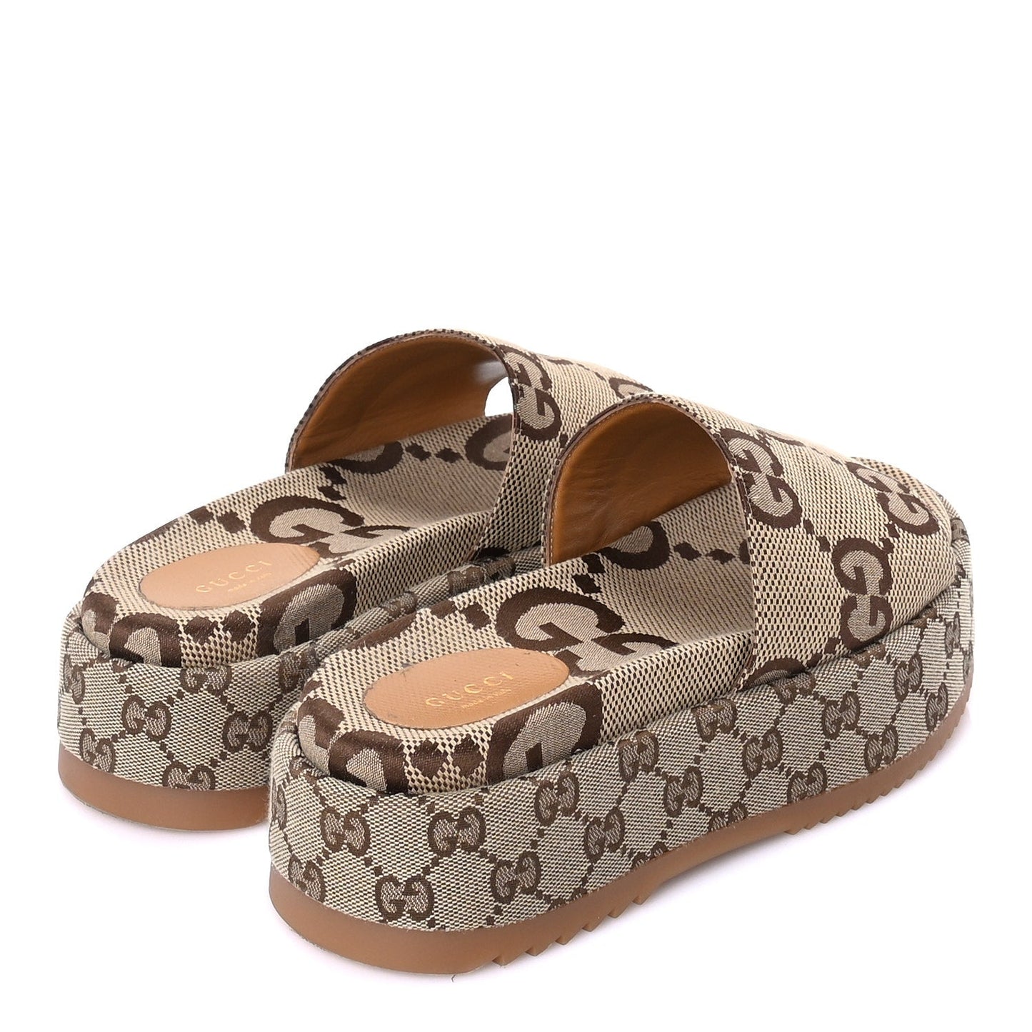 Gucci Monogram Maxi GG Angelina Platform 55mm Slide Sandals 39  Camel Ebony