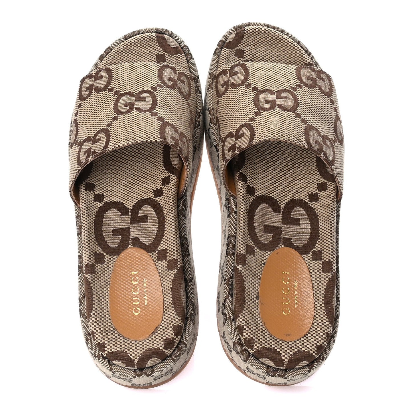 Gucci Monogram Maxi GG Angelina Platform 55mm Slide Sandals 39  Camel Ebony