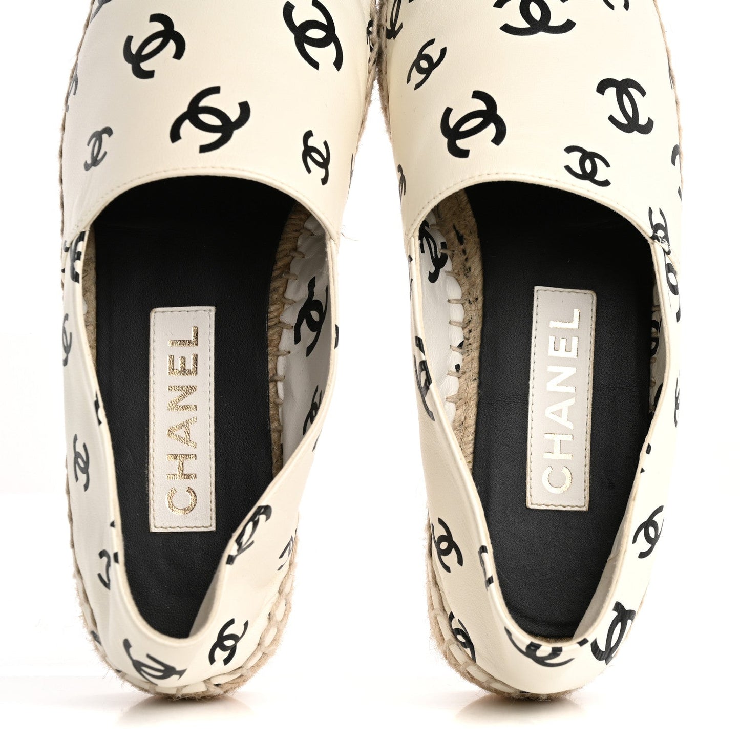 Chanel Lambskin Printed CC Espadrilles 38 White Black