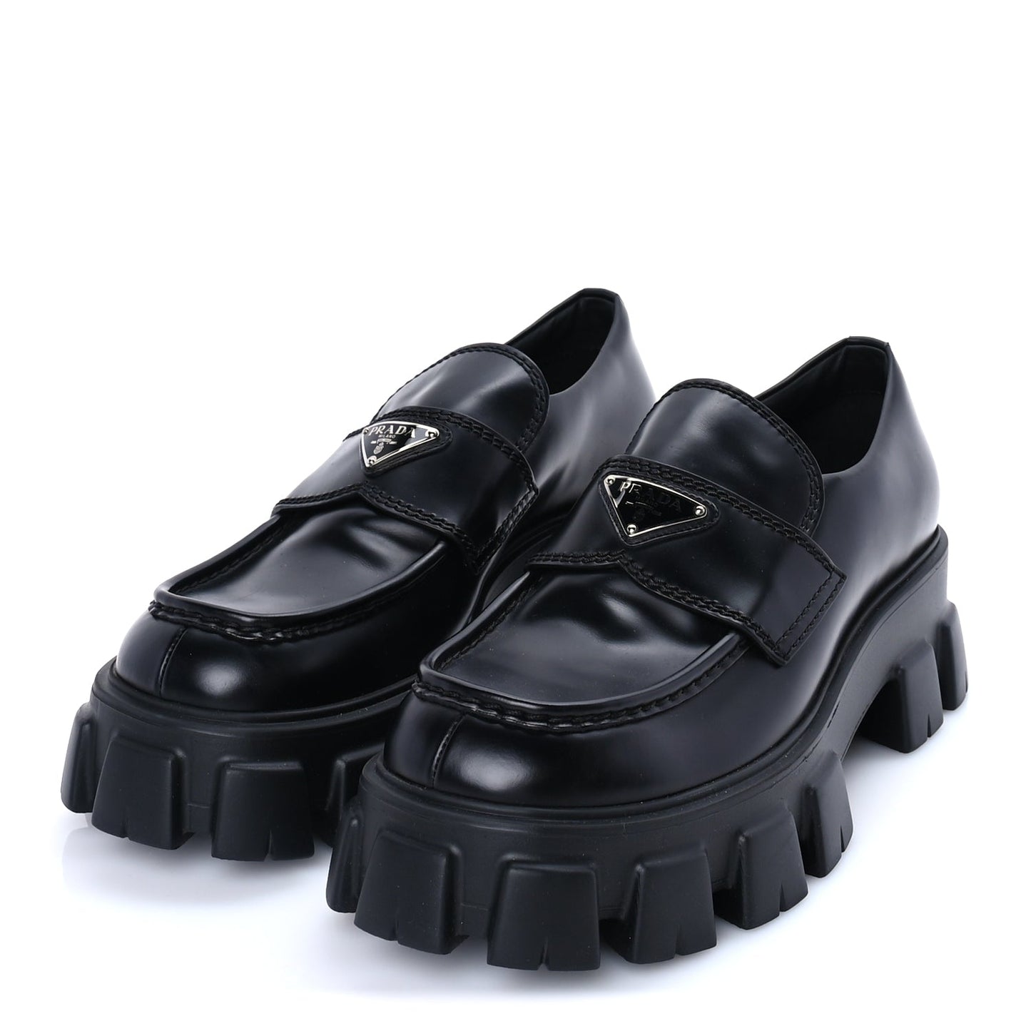 Prada Spazzolato Rois Metal Triangle Logo Mens Monolith 55mm Loafers 8 Black