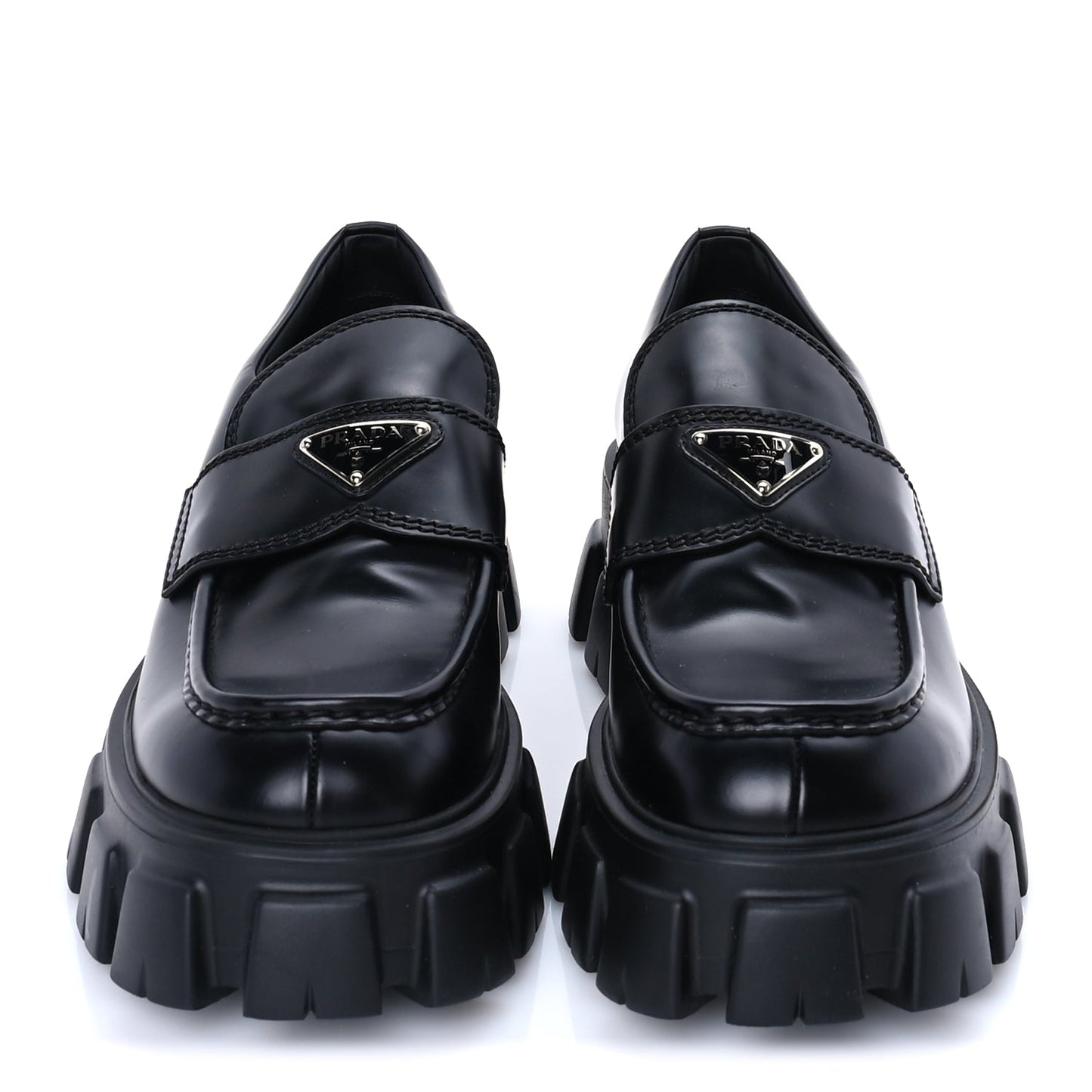 Prada Spazzolato Rois Metal Triangle Logo Mens Monolith 55mm Loafers 8 Black
