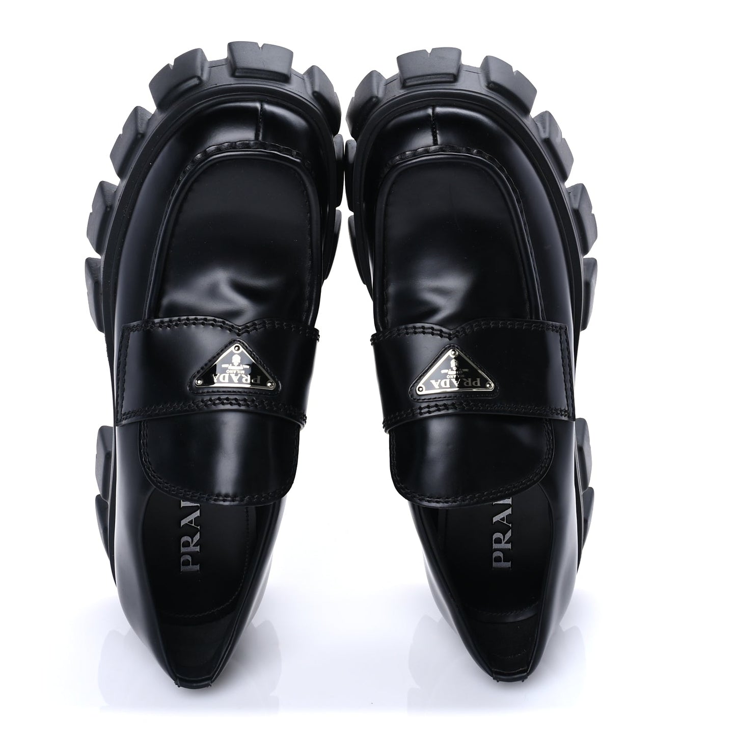 Prada Spazzolato Rois Metal Triangle Logo Mens Monolith 55mm Loafers 8 Black