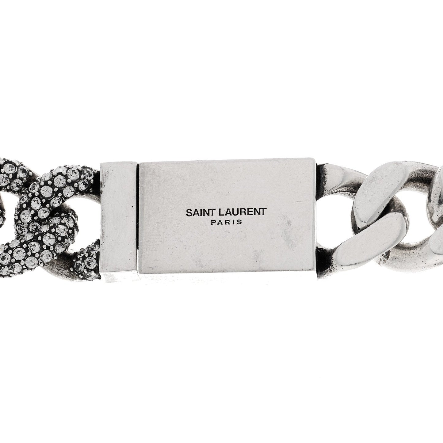 Saint Laurent Crystal Curb Chain Necklace Oxidized Silver