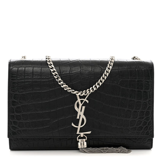 Saint Laurent Calfskin Crocodile Embossed Medium Classic Monogram Kate Tassel Satchel Black