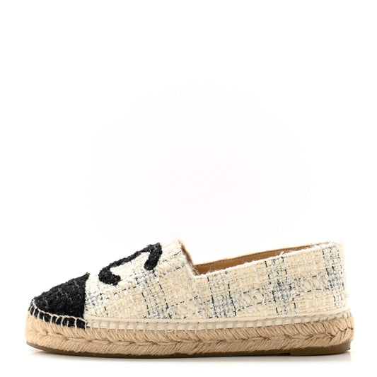 Chanel Tweed CC Espadrilles 36 Ecru White Blue Black
