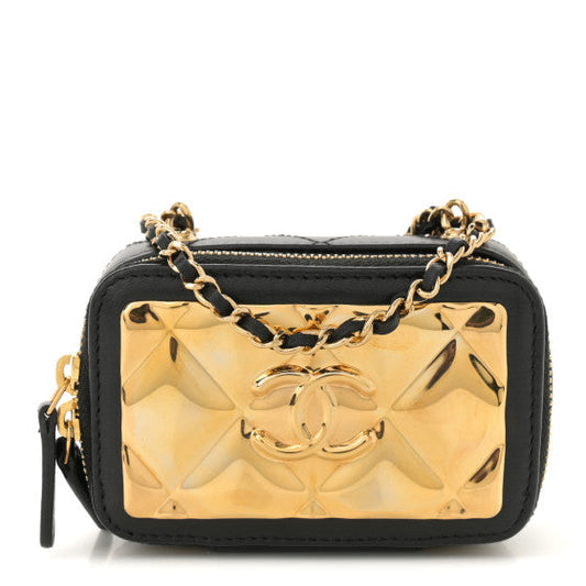 Chanel Lambskin Quilted Mini Golden Plate Clutch With Chain  Black