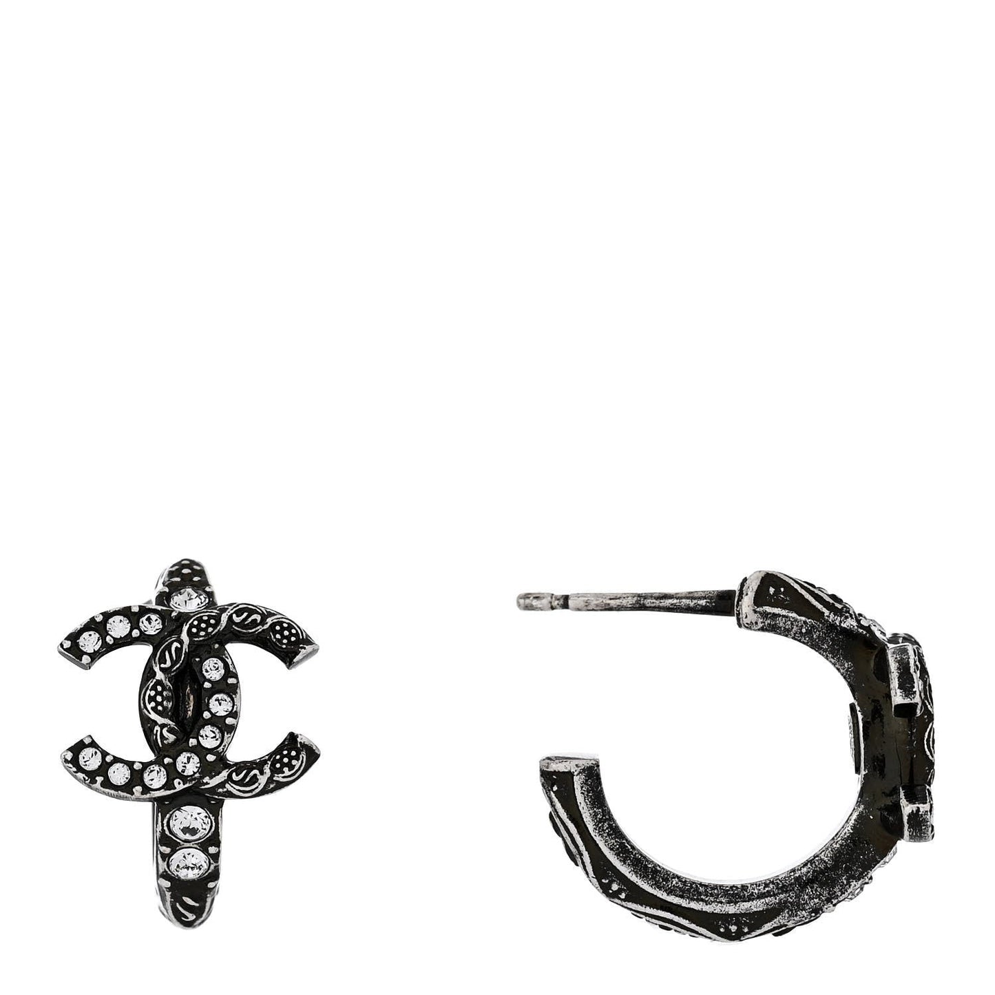 Chanel Metal Crystal CC Hoop Earrings Silver