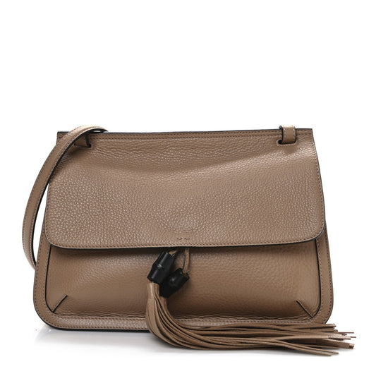 Gucci Cellarius Calfskin Medium Bamboo Daily Flap Shoulder Bag Camelia