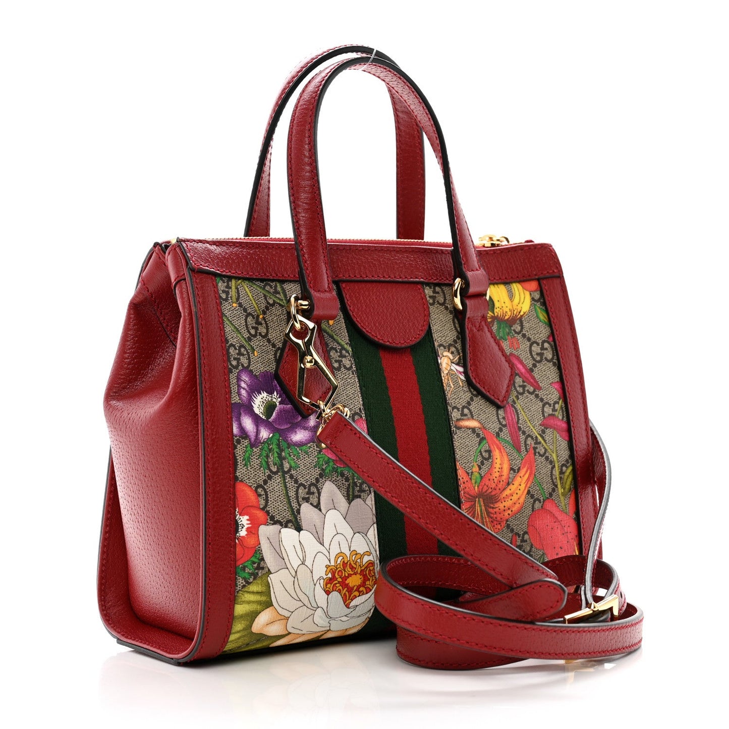 Gucci GG Supreme Monogram Flora Web Small Ophidia Tote Bag Red
