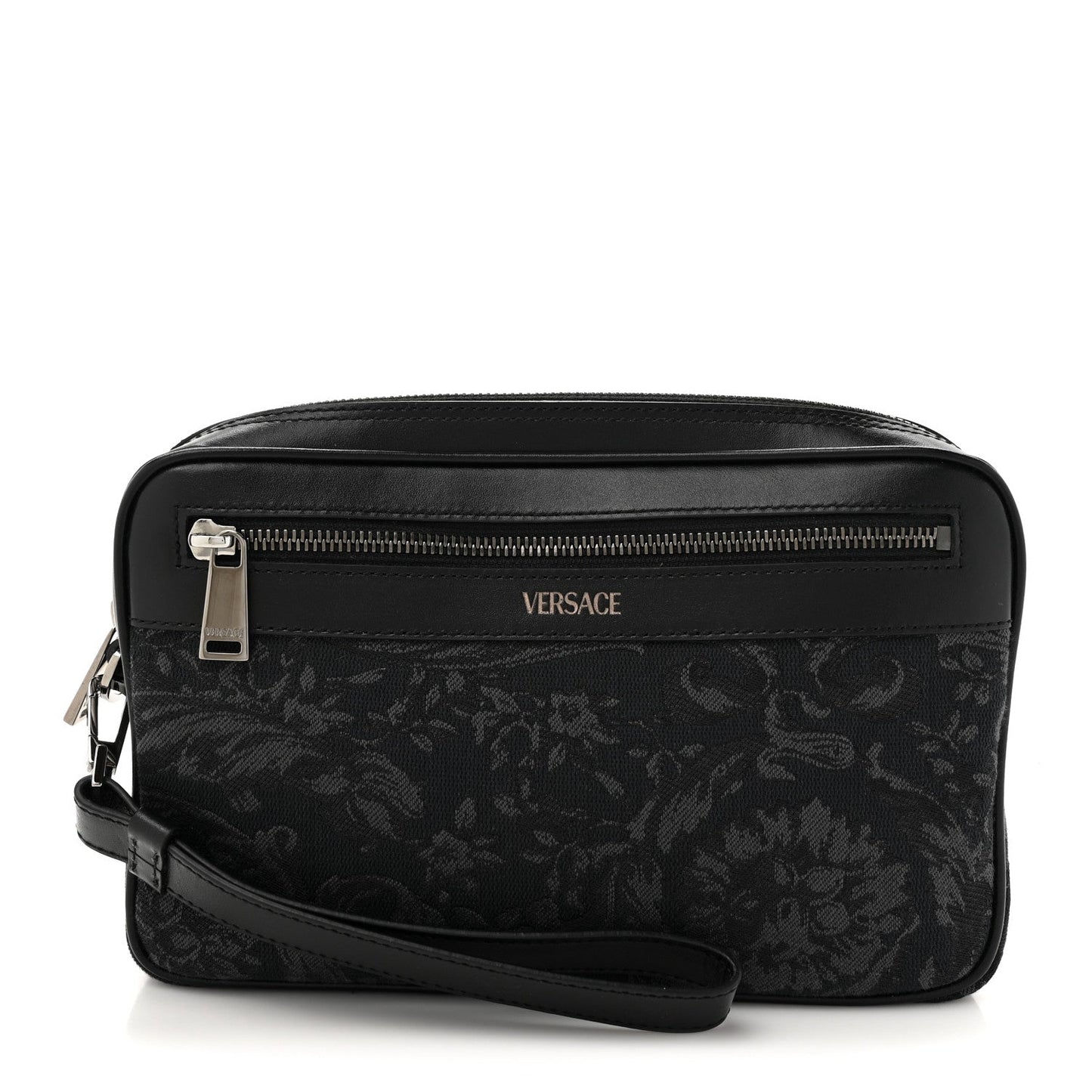 Versace Fabric Jacquard Calfskin Barocco Wristlet Pouch Black