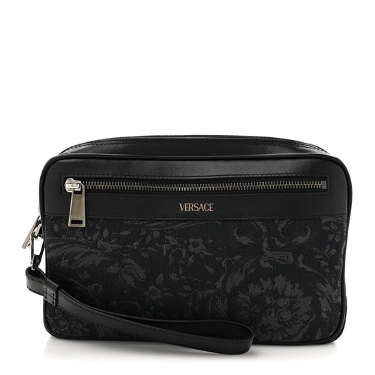 Versace Fabric Jacquard Calfskin Barocco Wristlet Pouch Black