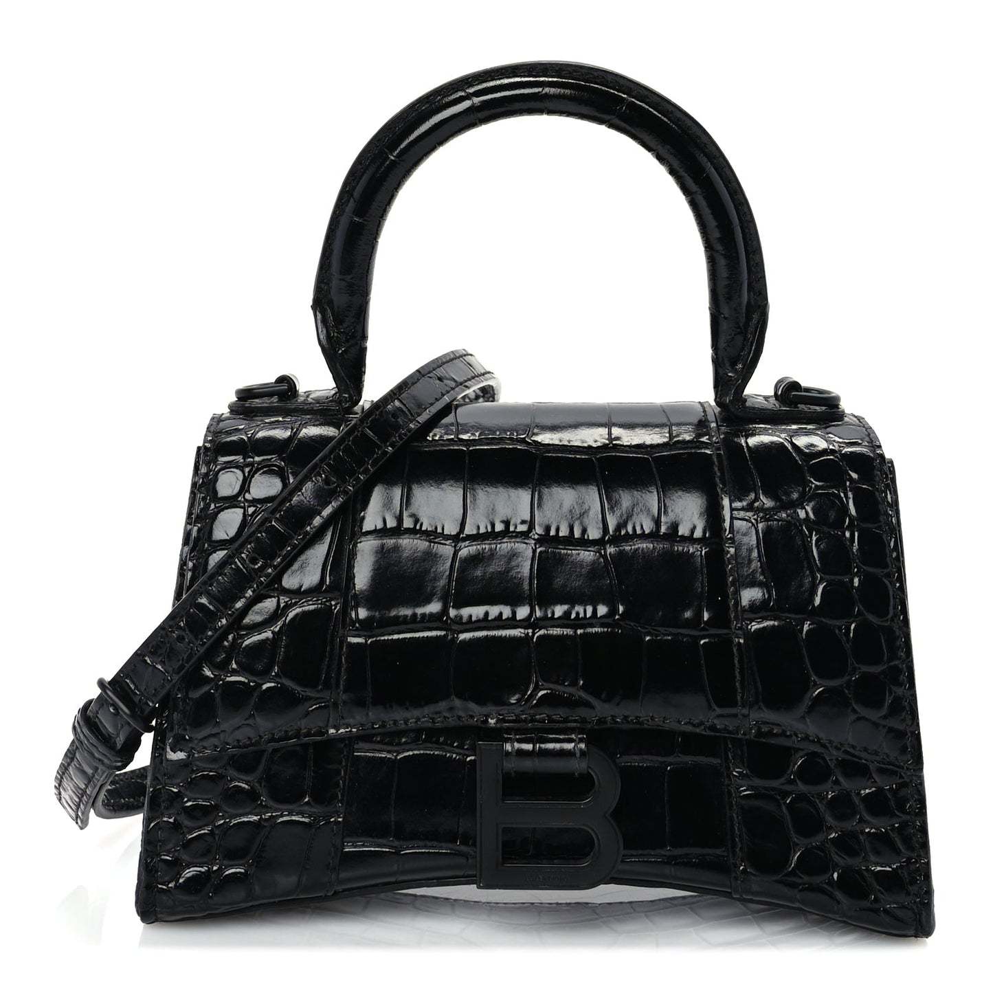 Balenciaga Shiny Calfskin Monochrome Crocodile Embossed Hourglass Top Handle Bag XS Black