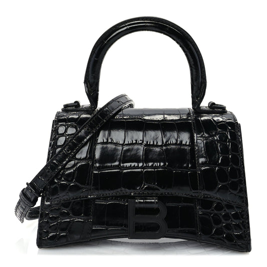 Balenciaga Shiny Calfskin Monochrome Crocodile Embossed Hourglass Top Handle Bag XS Black