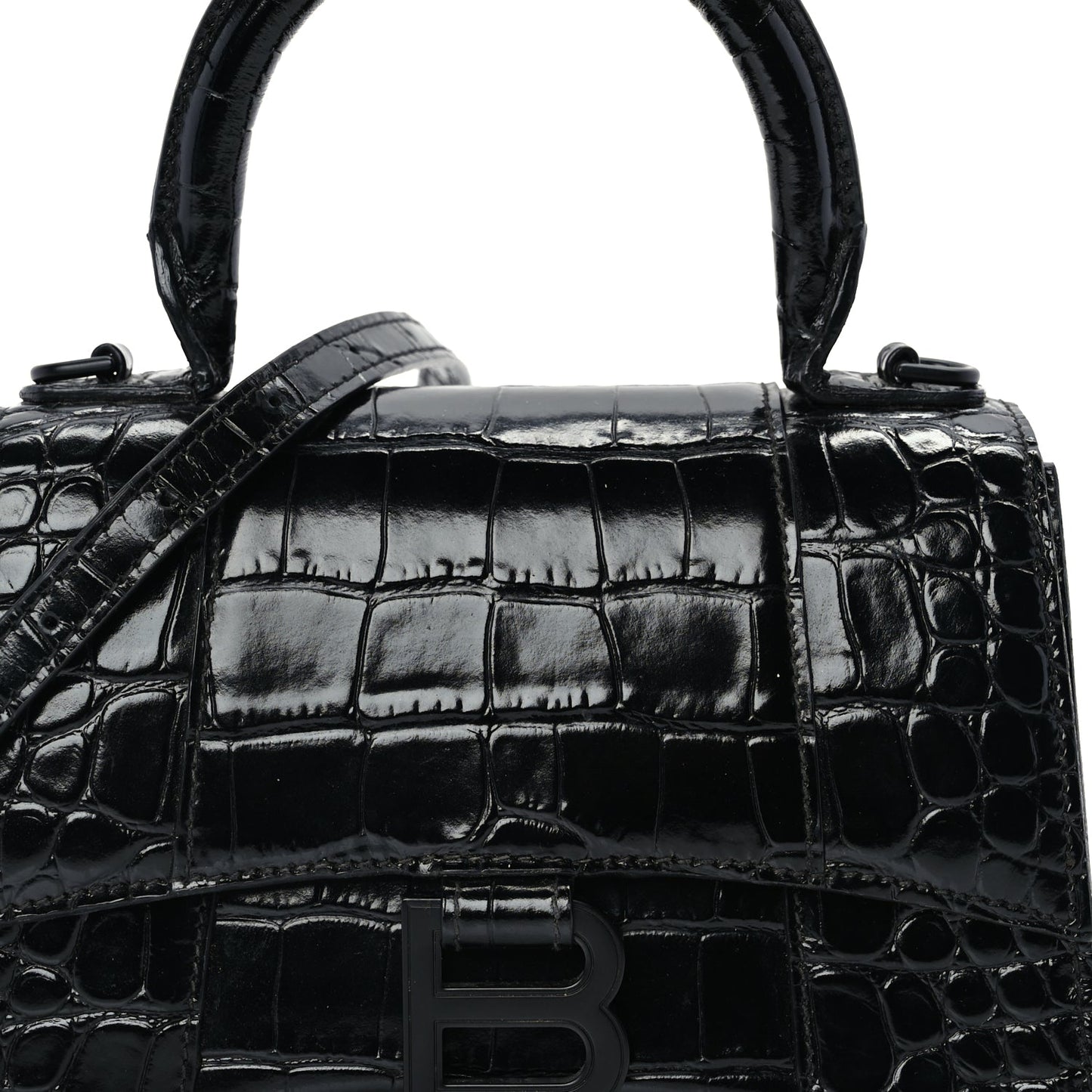 Balenciaga Shiny Calfskin Monochrome Crocodile Embossed Hourglass Top Handle Bag XS Black