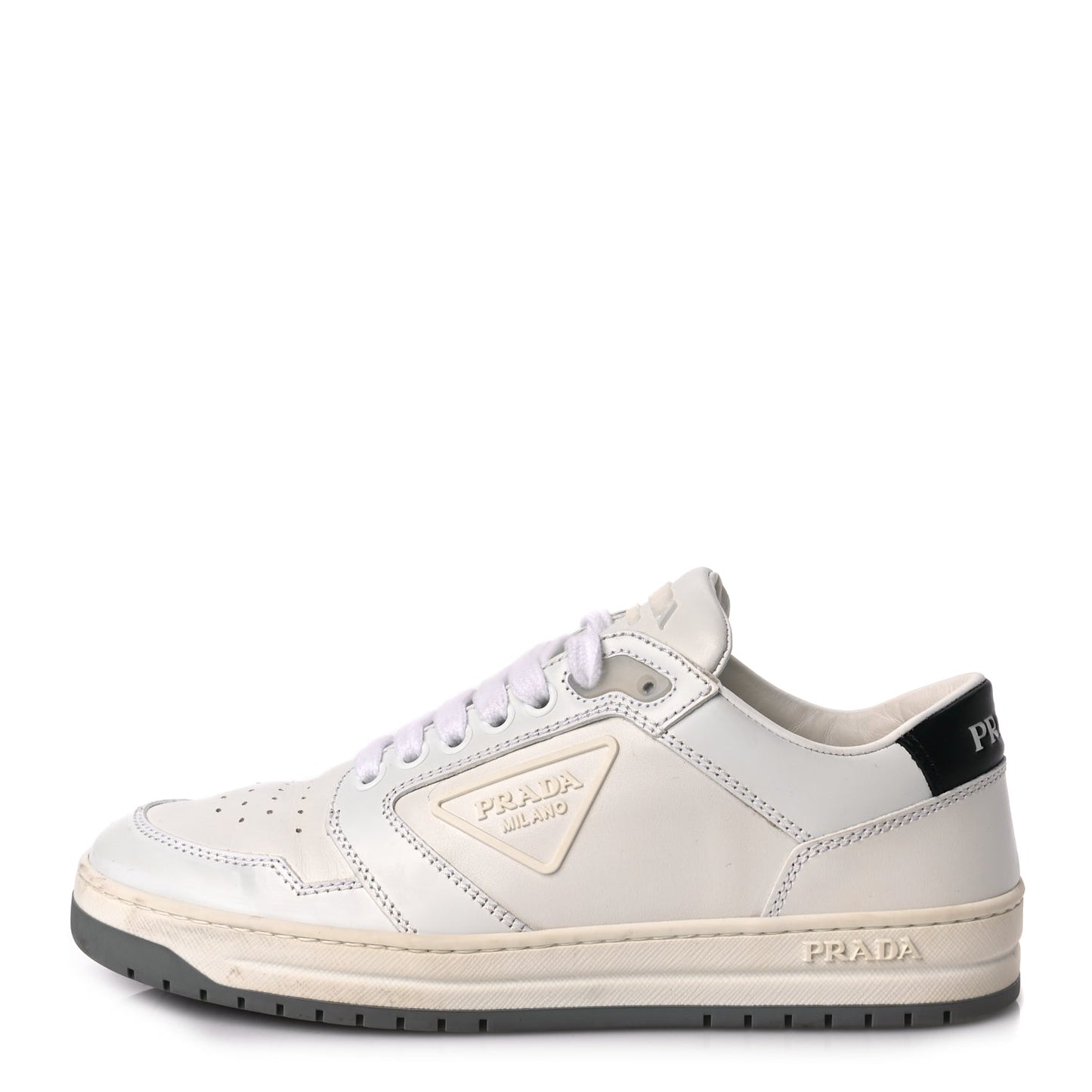 Prada Vitello Sport Spazzolato Rois Rubber Triangle Logo Perforated Womens District Low Top 30mm Sneakers 36.5 White