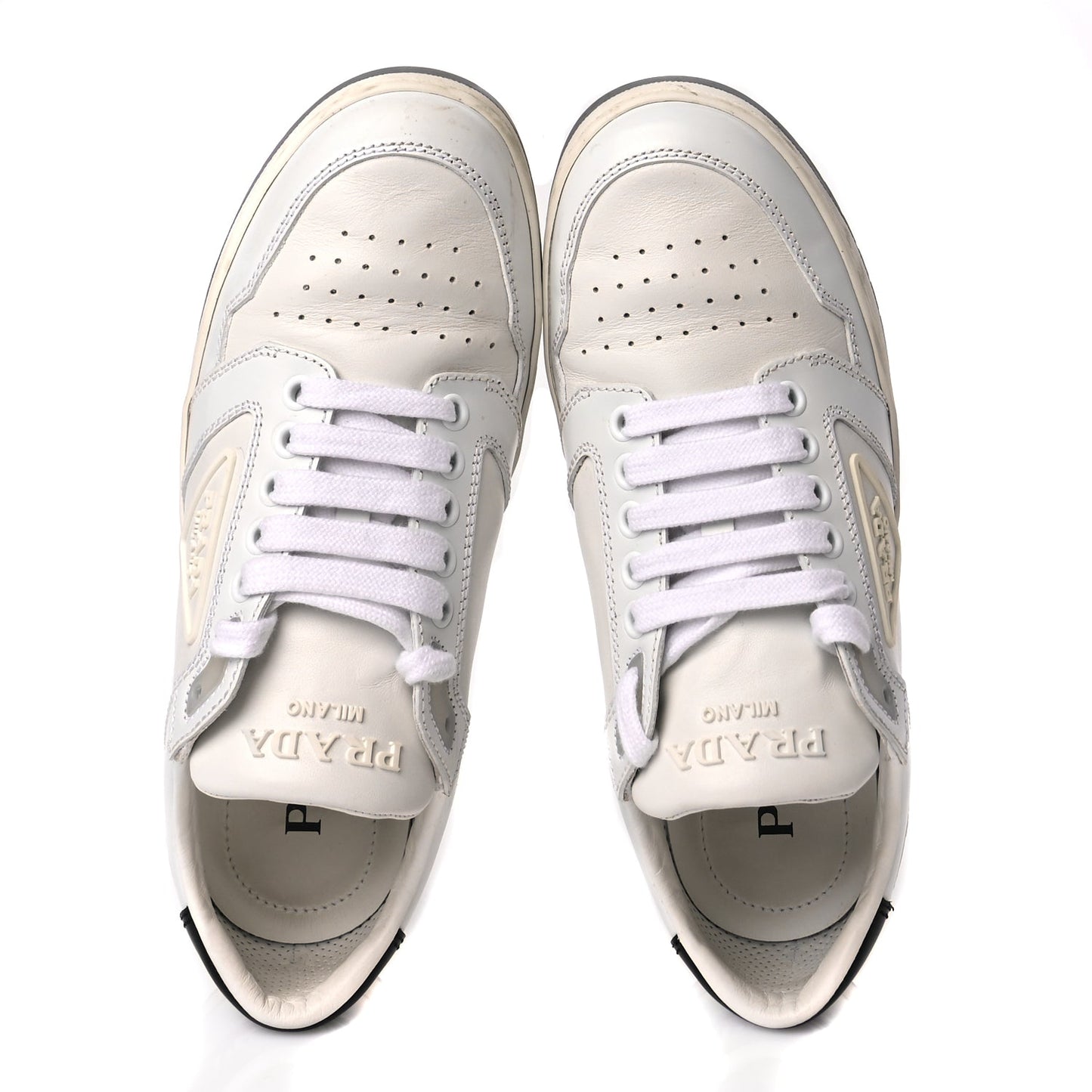 Prada Vitello Sport Spazzolato Rois Rubber Triangle Logo Perforated Womens District Low Top 30mm Sneakers 36.5 White