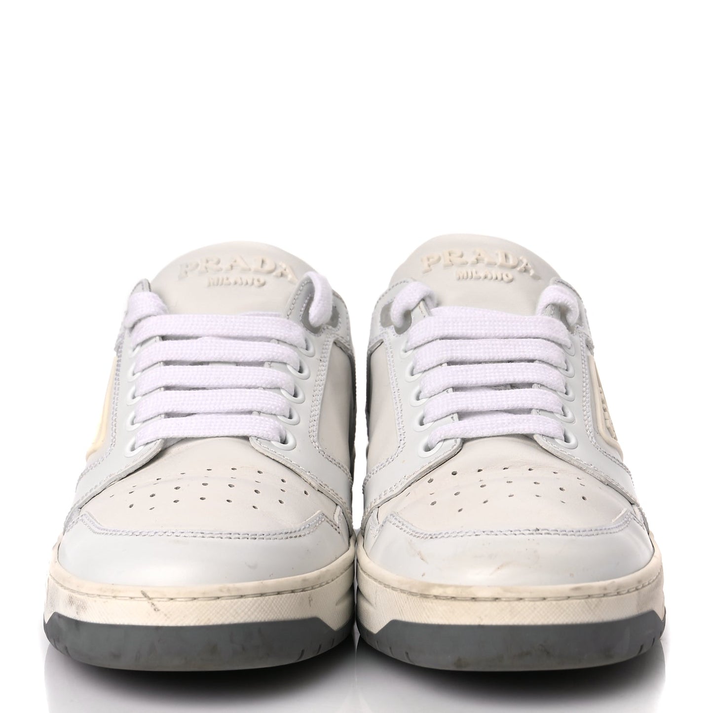 Prada Vitello Sport Spazzolato Rois Rubber Triangle Logo Perforated Womens District Low Top 30mm Sneakers 36.5 White