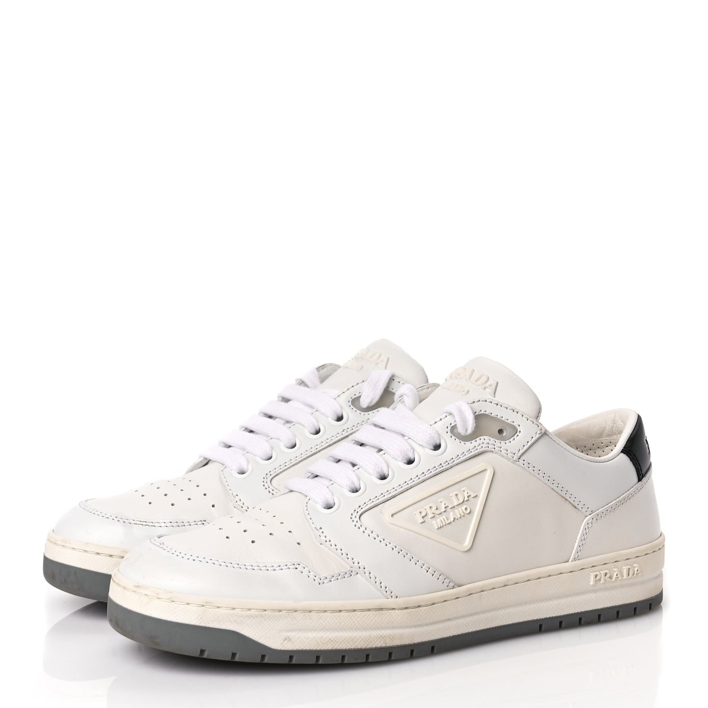 Prada Vitello Sport Spazzolato Rois Rubber Triangle Logo Perforated Womens District Low Top 30mm Sneakers 36.5 White