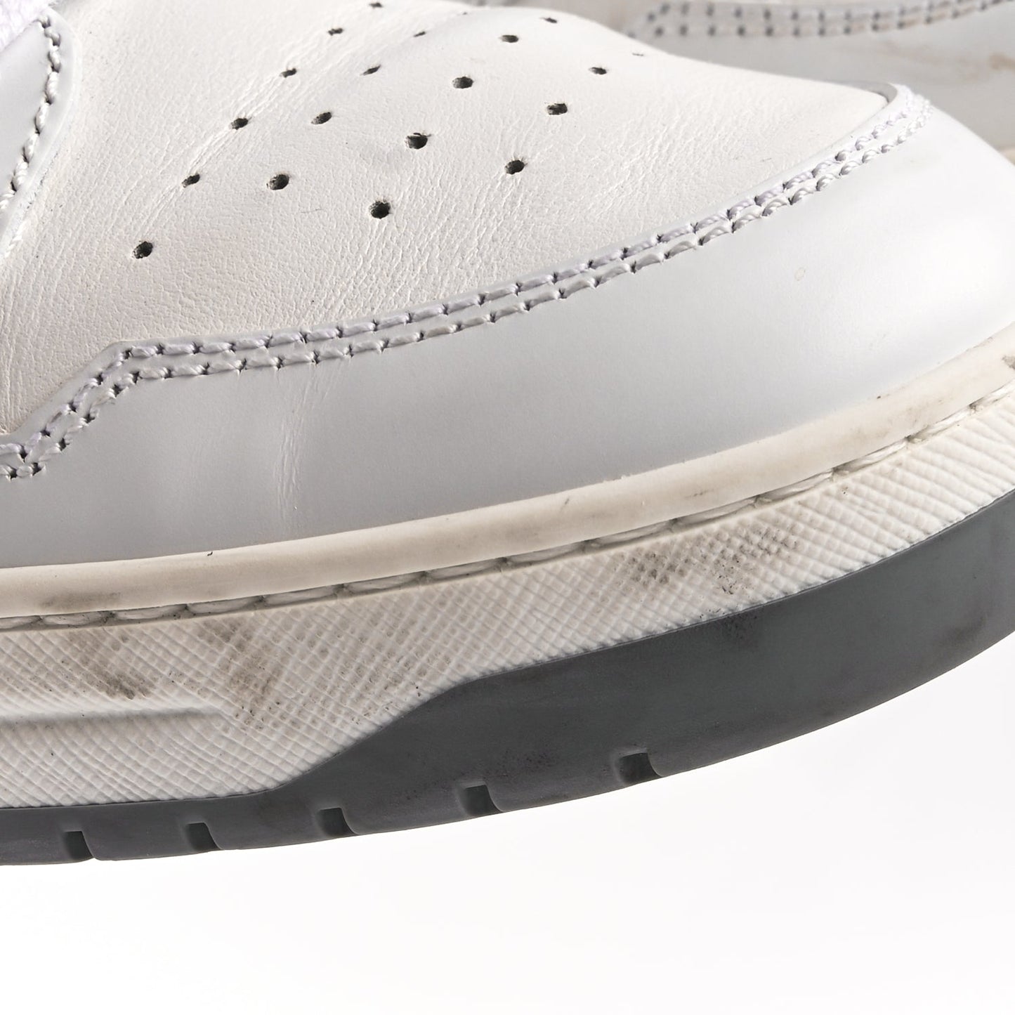 Prada Vitello Sport Spazzolato Rois Rubber Triangle Logo Perforated Womens District Low Top 30mm Sneakers 36.5 White