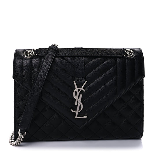 Saint Laurent Grain De Poudre Textured Mixed Matelasse Triquilt Medium Monogram Satchel Black