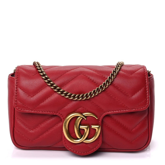Gucci Calfskin Matelasse Super Mini GG Marmont Shoulder Bag  Hibiscus Red