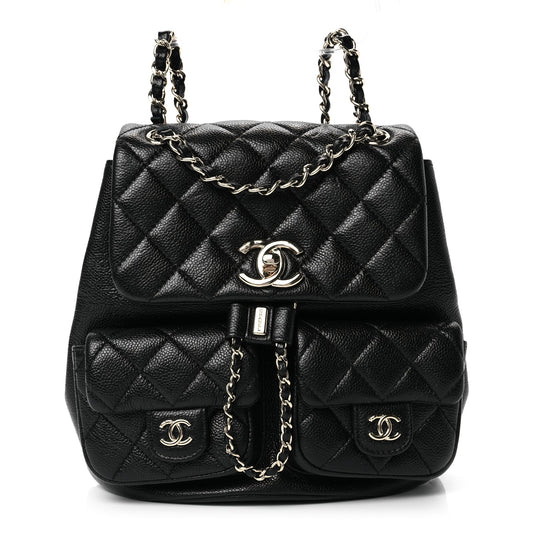 Chanel Shiny Caviar Quilted Small Duma Pockets Drawstring Backpack Black