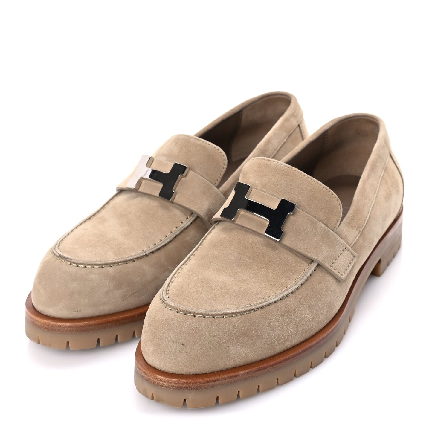 Hermes Suede Goatskin Womens Faubourg Loafers 37 Beige Argile Beige Argile